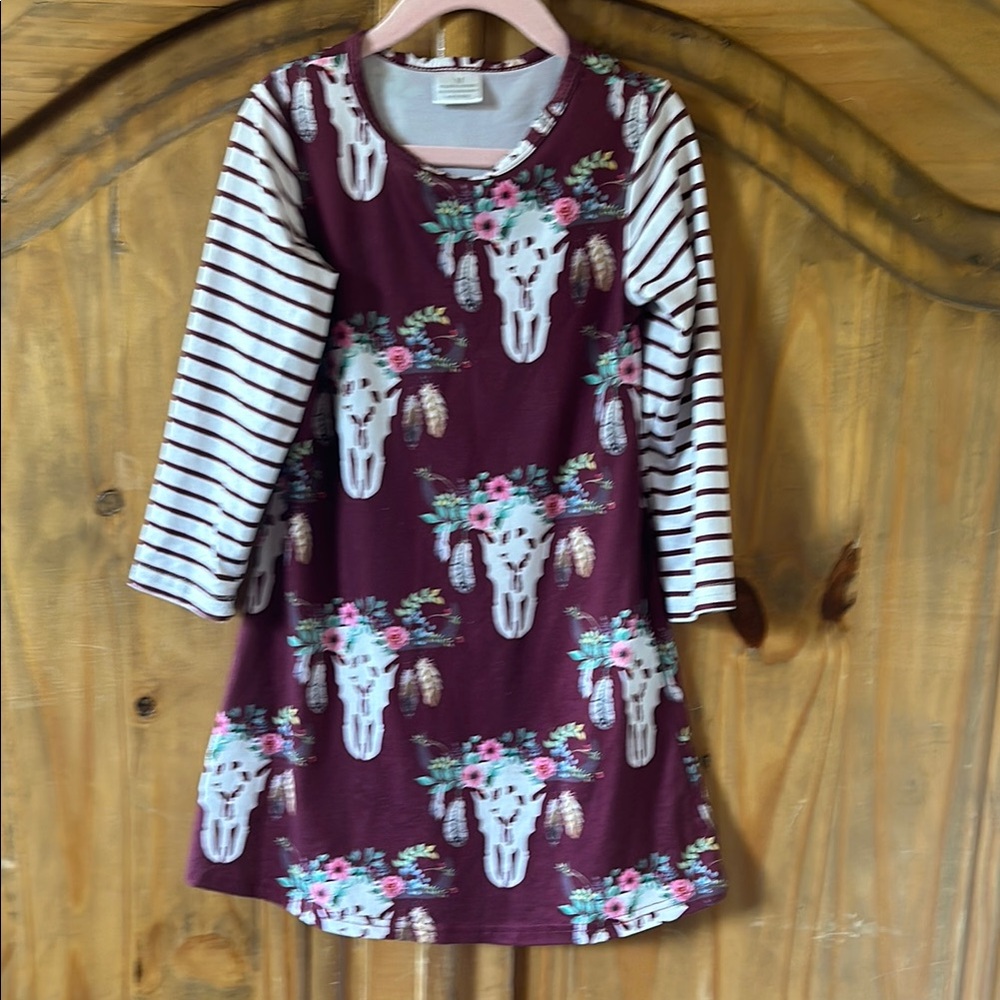 Striped Sleeve Dress with Floral Skull Print Cowgirl western